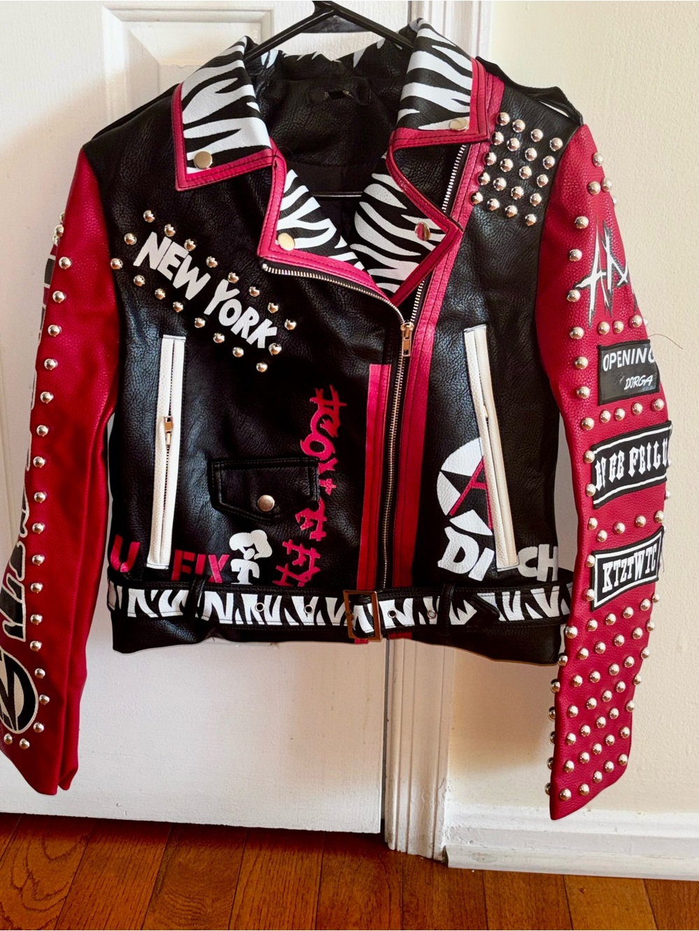 Studded Black & Red Graphic Women's Moto Jacket Faux Leather